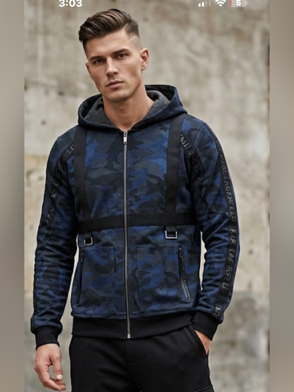 Karl Lagerfeld Men's Navy Blue Camo Zip-Up Hoodie Jacket NWT